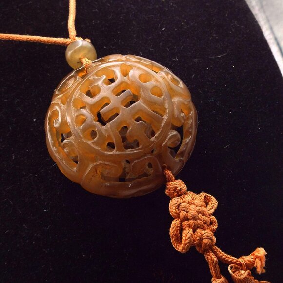 ANTIQUE HANDCARVED BROWN JADEITE OPEN DESIGN TWO PIECE...